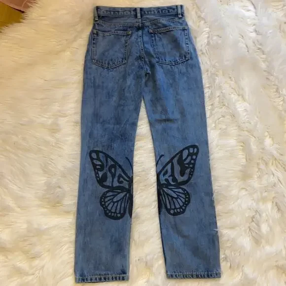 🍒[ X-Girl ] Butterfly Print Acid Wash Straight Leg Jeans - Picture 11 of 15